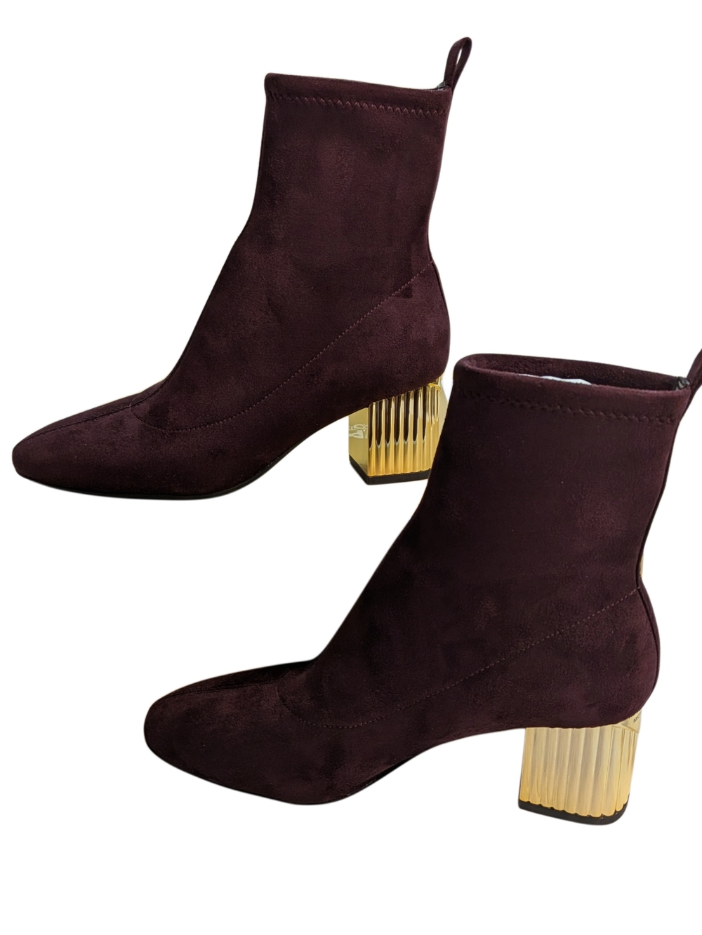 Michael Kors Porter Mid Bootie Merlot Stretch Suede Gold Heel Womens 6.5M NIB